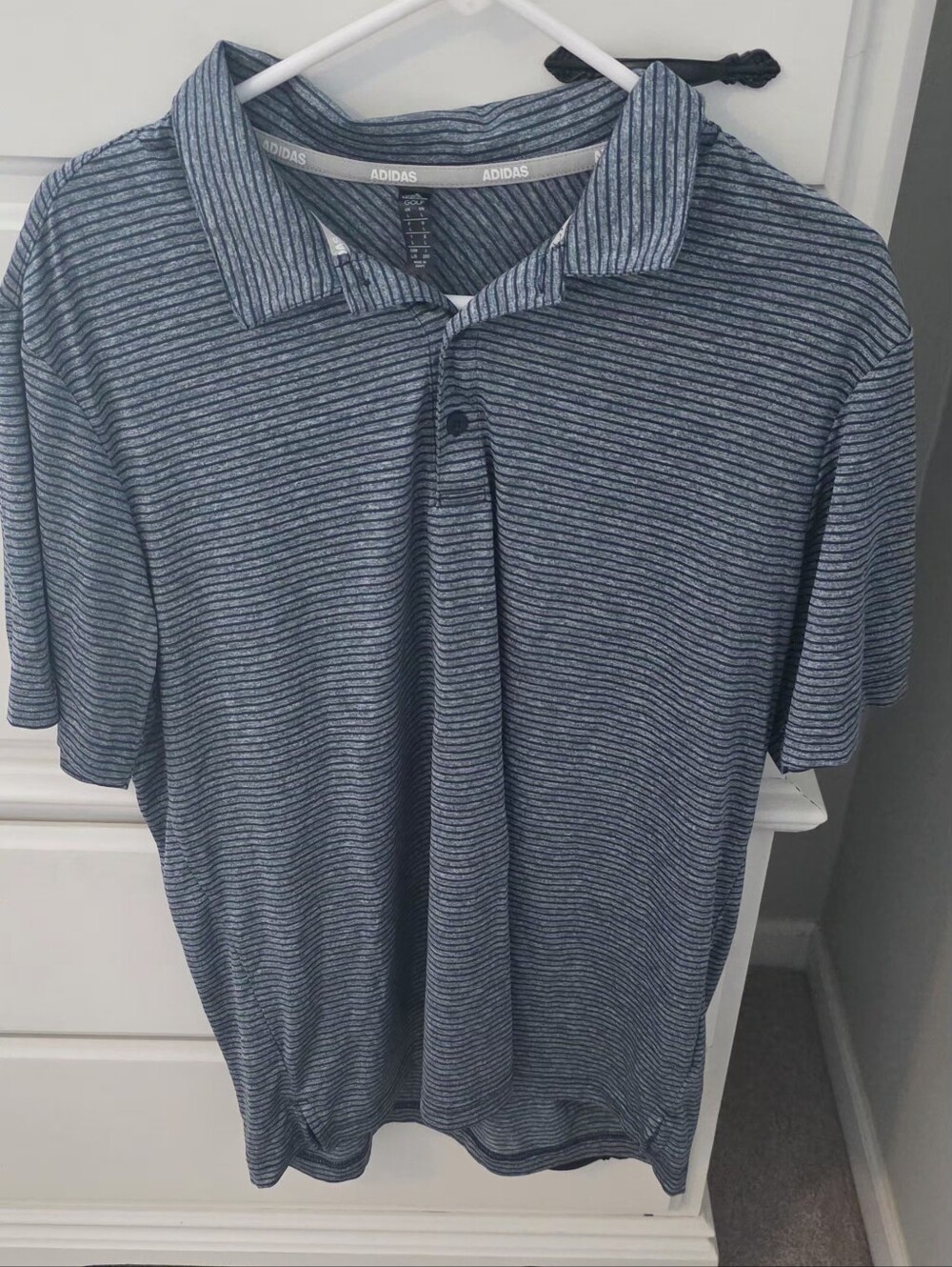 Adidas Golf Men's Large Polo Navy Blue Grey Gray Striped Short Sleeve Shirt Top